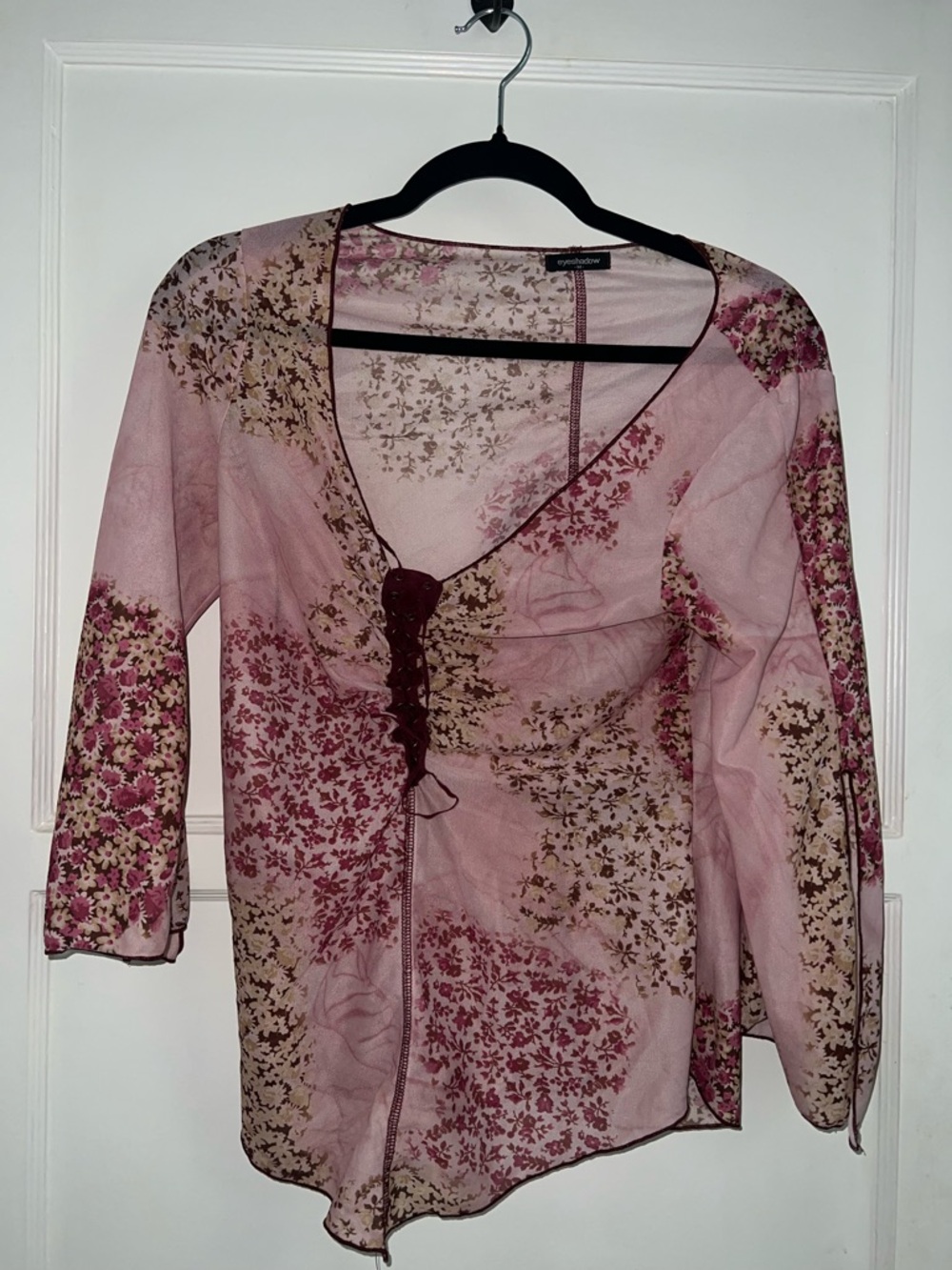 Eyeshadow Pink Floral Lace-Up V-Neck Blouse